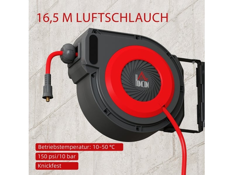  Enrouleur de tuyau pneumatique 16,5 m rouge et noir en plastique, support mural pivotant et retour automatique  - Conforama D