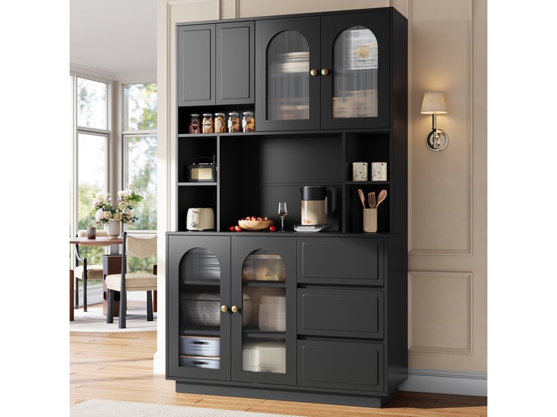  Buffet de cuisine - 106x40x175cm - meuble avec portes arquées en acrylique, led, étagères ajustables et 3 tiroirs - mdf - noir  - Conforama B