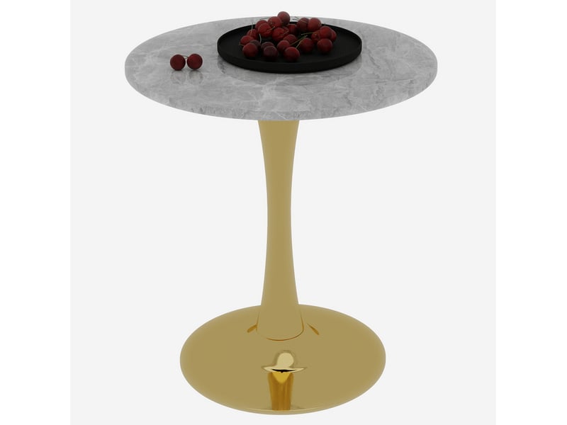  Table ronde 70x70x72 cm, guéridon pour 2 personnes, plateau en marbre artificiel veiné, pied central doré  - Conforama A