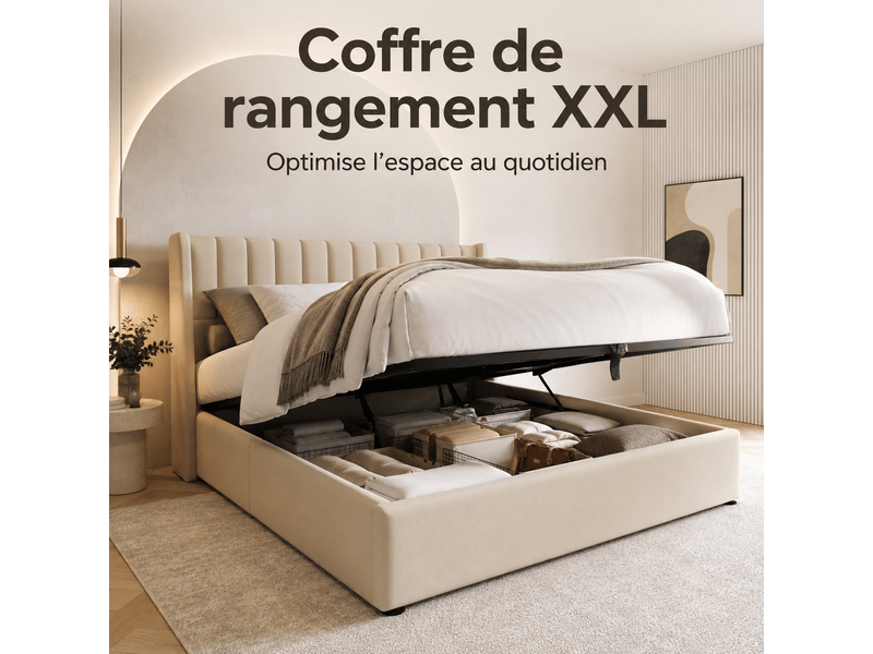 Lit 160x200 cm - lit coffre double adulte avec rangement hydraulique - lit rembourré tapissé 2 personnes - sommier à lattes en bois et tête de lit capitonné - cadre de lit moderne - structure de lit ado -lit queen - 2 place - li… - Conforama C