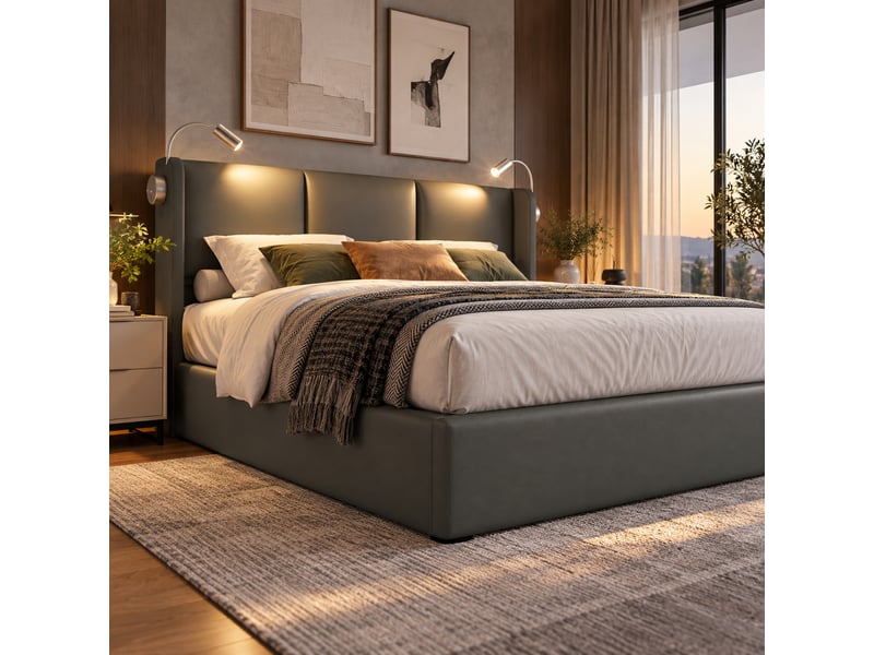  Lit double rembourré 140x200 cm avec coffre de rangement, tête de lit avec liseuse et usb, sommier à lattes, revêtement pu, sans matelas IKSETERA TRADING LTD - Conforama E