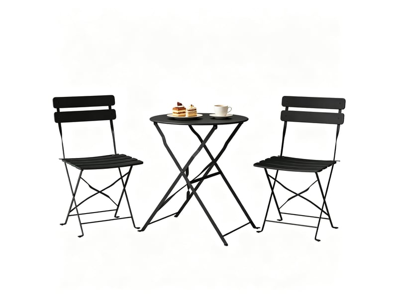  Ensemble table et chaise de jardin avec 1 table et 2 chaises pliantes pour balcon et terrasse, métal noir  - Conforama A