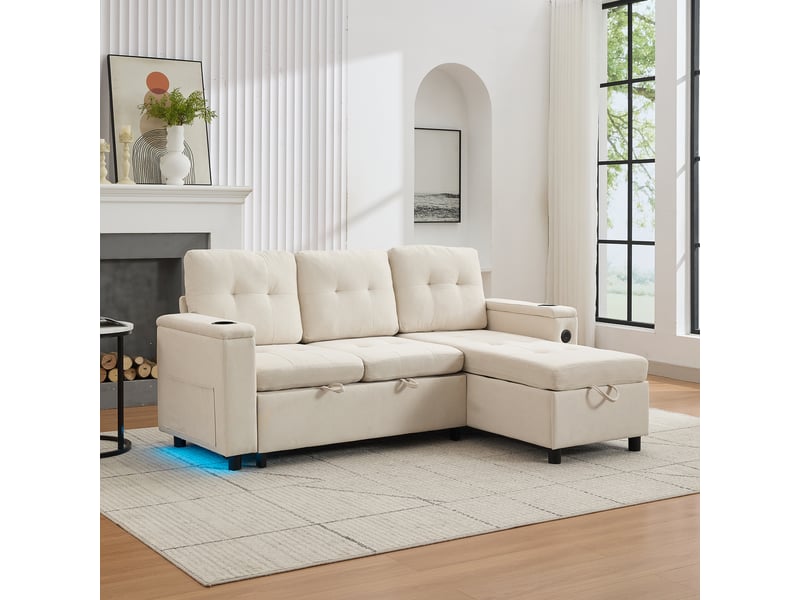  Canapé d'angle convertible 3 places beige en tissu avec coffre de rangement intégré et pieds en bois massif  - Conforama B