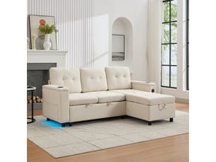 Canapé d'angle convertible 3 places beige en tissu avec coffre de rangement intégré et pieds en bois massif