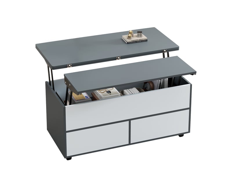  Table basse 100 x 98 x 65 cm, réglable en hauteur, avec rangement dissimulé et étagère, table de salon à roulettes et tiroirs, table à manger multifonctionnelle avec grand espace de rangement, coloris gris et blanc.  - Conforama A