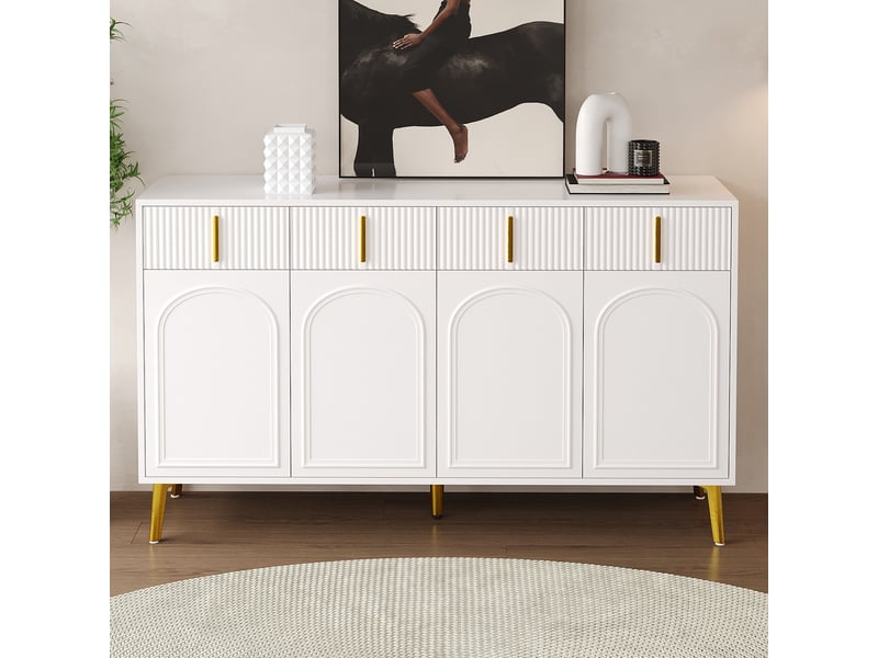  Buffet 140x37,8x82 cm – 4 portes, 4 tiroirs – plateau amovible – pieds métal doré – meuble de rangement  - Conforama B