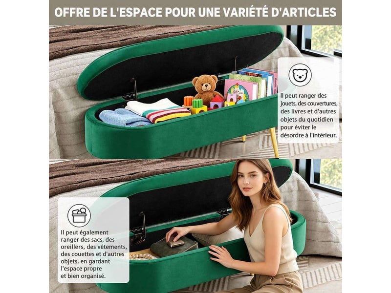  Banc coffre de rangement 110x40x42 cm en velours avec pieds en métal – bout de lit capitonné ovale avec coffre 20l à vérin hydraulique – banc d'entrée et salon – vert foncé  - Conforama C