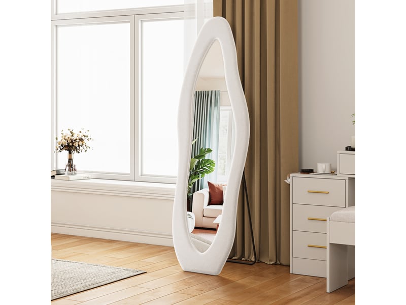  Miroir plein pied ondulé 160x50 cm, cadre en flanelle blanche, miroir au sol élégant pour chambre et dressing  - Conforama D