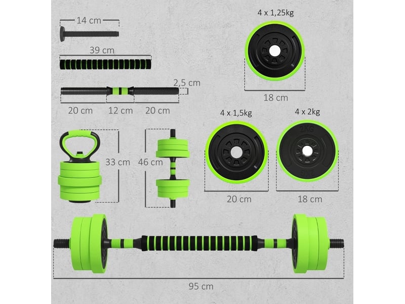  Ensemble d'haltères 95x20x20 cm 4 en 1 réglable 20 kg vert  - Conforama E
