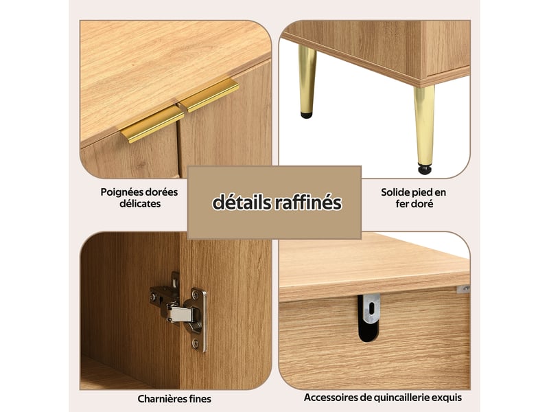  Buffet moderne 140x40x72 cm mdf naturel 4 portes étagères réglables pieds métal doré  - Conforama E