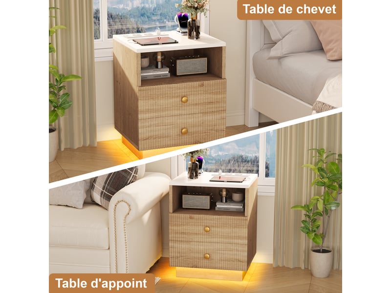  Lot de 2 tables de chevet chêne clair avec 2 tiroirs ondulés, led rgb et station de charge usb-c  - Conforama E