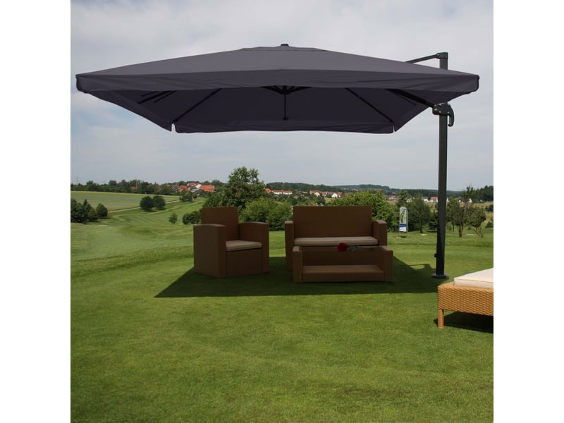  Parasol déporté 3 x 4 m avec lambrequin base en croix manivelle et inclinaison réglable sans pied polyester anthracite et aluminium 04_0007985  - Conforama B