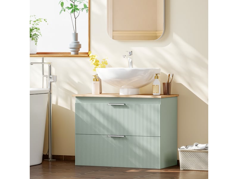  Meuble sous lavabo, meuble de salle de bain avec 2 tiroirs, style moderne, 80 x 40 x 60 cm, vert et bois naturel  - Conforama D