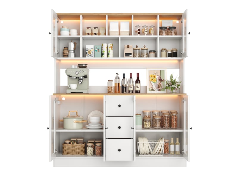 Buffet de cuisine 150x40x173cm avec plan de travail, 3 tiroirs, portes vitrées acryliques, led rgb, prises électriques et usb, mdf - bois naturel - Conforama A