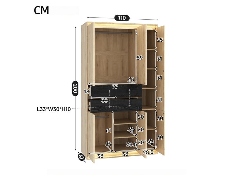 Armoire-penderie avec miroir et éclairage led, 110 x 47 x 200 cm, 2 penderies, 4 tiroirs, 9 compartiments de rangement, chêne - Conforama C