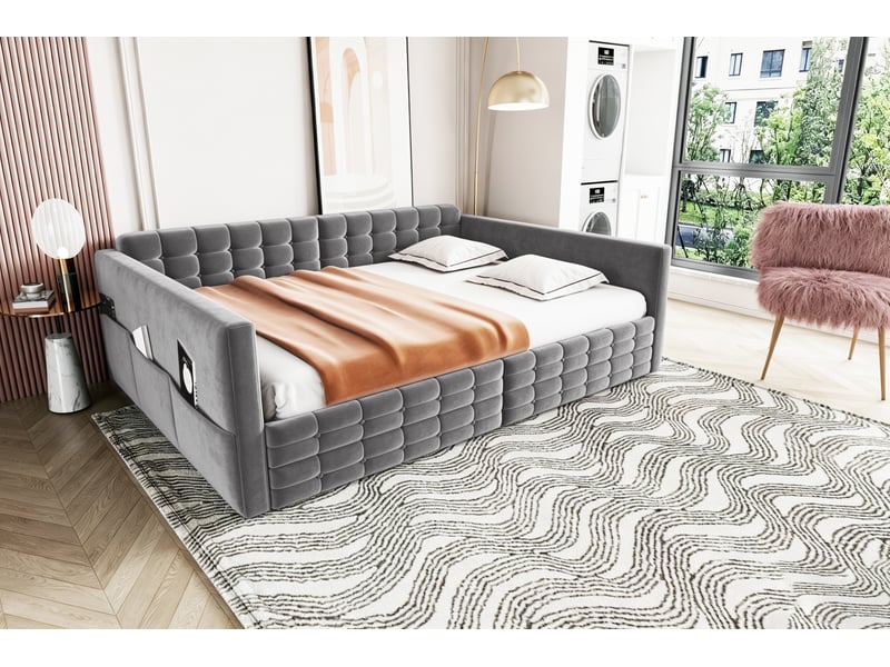  Canapé-lit 140x190 cm, lit d'appoint, couchage d'appoint, 2 tiroirs, velours gris  - Conforama R
