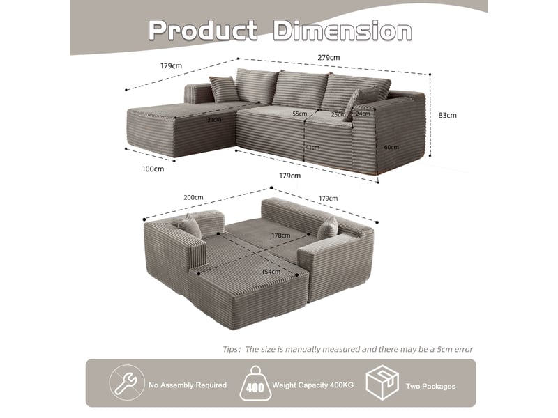 Canapé d’angle corda, gris, modulable, chaise longue, assise profonde, sans structure, velours côtelé - Conforama C