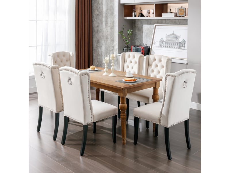  Chaises de salle à manger lot de 6 avec dossier capitonné  - pieds en chêne, clous décoratifs velours beige  - Conforama C