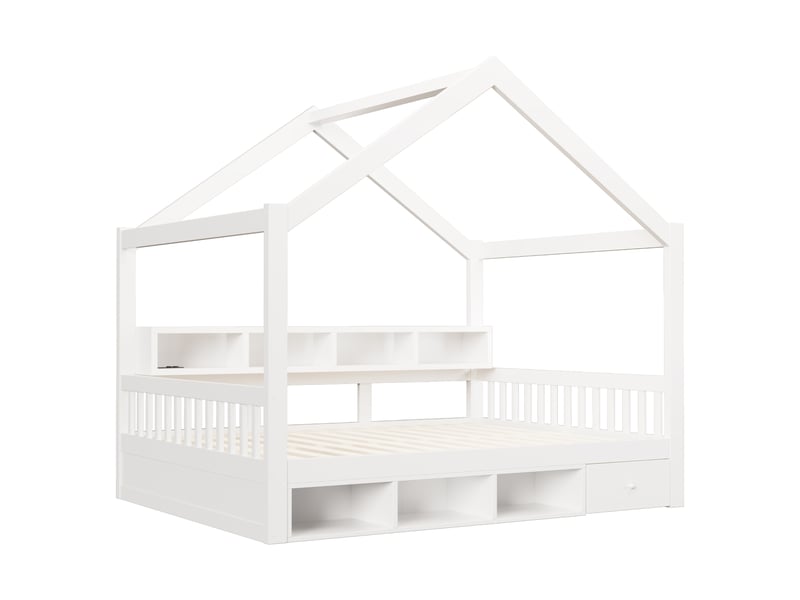  Lit cabane en bois blanc 140x200 cm, barrières, rangements, tiroirs et led  - Conforama D