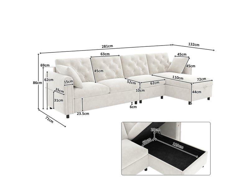  Canapé d'angle convertible réversible 281x132 cm – beige – coffre, poches latérales intégrées, 4 places  - Conforama C