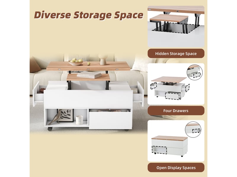 Table basse relevable extensible 100x100 cm avec 4 tiroirs et roulettes, rangement modulable, blanc et bois - Conforama W