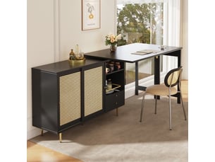Table haute pivotante 360° extensible noire avec rangement, porte en rotin et étagère ouverte 107 x 40 x 71,4 cm