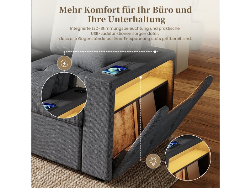 Canapé d'angle modulable 4 places en tissu lin, avec pouf à rangement, ports usbtype-c et éclairage led - Conforama E
