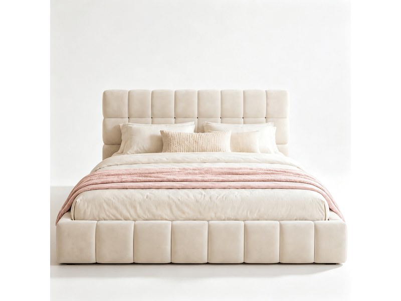  Lit double capitonné 140x190 cm avec sommier à lattes et tête de lit rembourrée design élégant velours beige Sol Morn - Conforama A