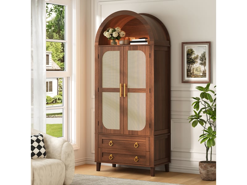  Buffet haut moderne à arche, éclairage led variable via application, double porte décor rotin et organisateur, deux tiroirs, poignées vintage en fer  - Conforama E