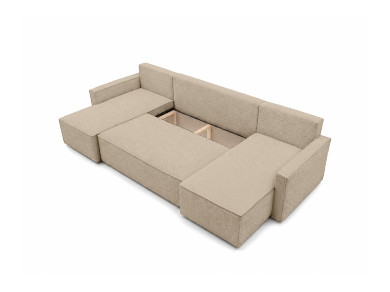  Farah - canapé d'angle panoramique convertible 6 places accoudoirs slim en tissu bouclettes généreuses  - Conforama D
