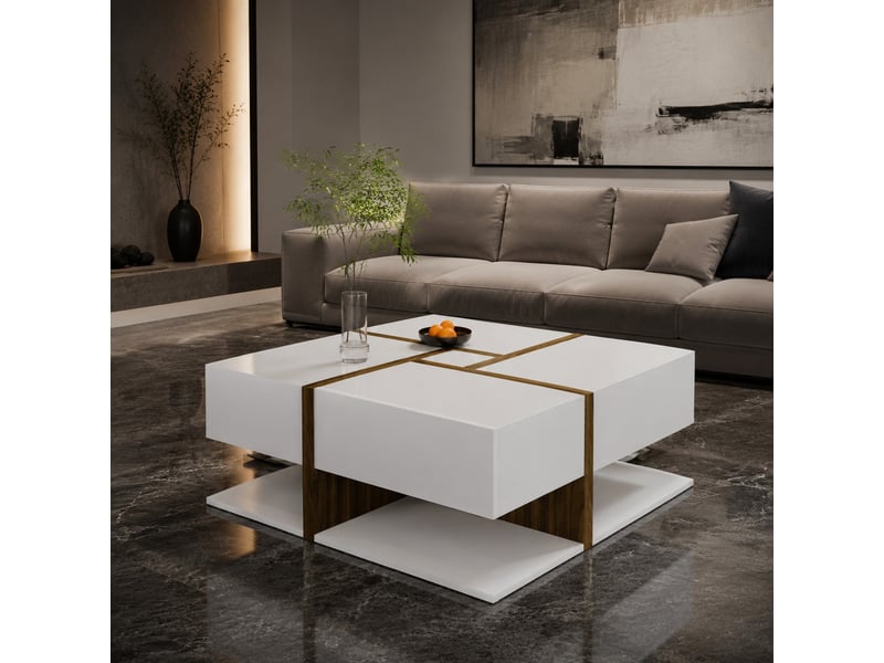  Table basse carrée avec 4 tiroirs et tablette inférieure, blanc et effet bois brillant  - Conforama D