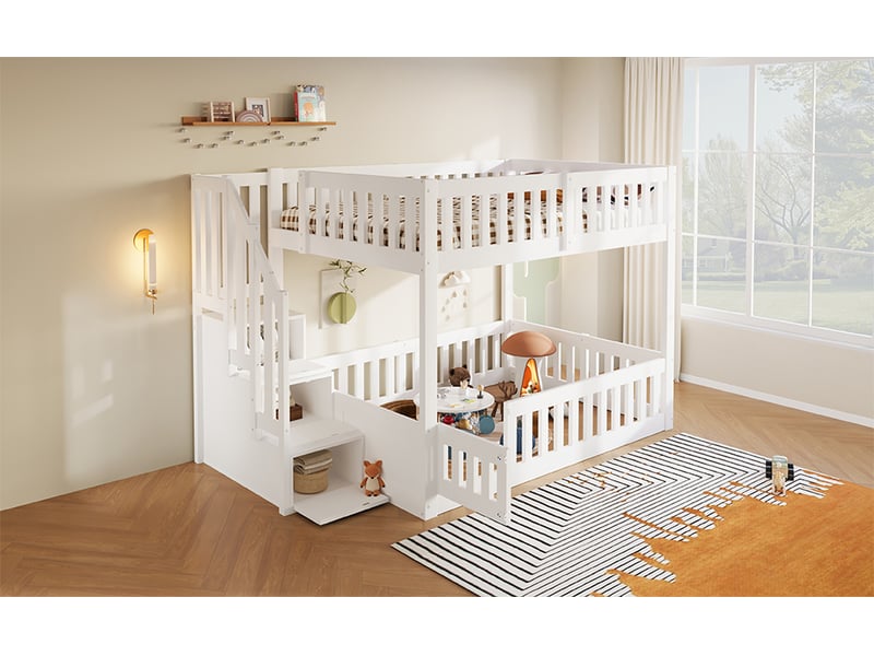 Lit superposé 140 × 200 cm, escalier avec rangement, petite porte et garde-corps, en pin massif et panneaux mdf, blanc  - Conforama B