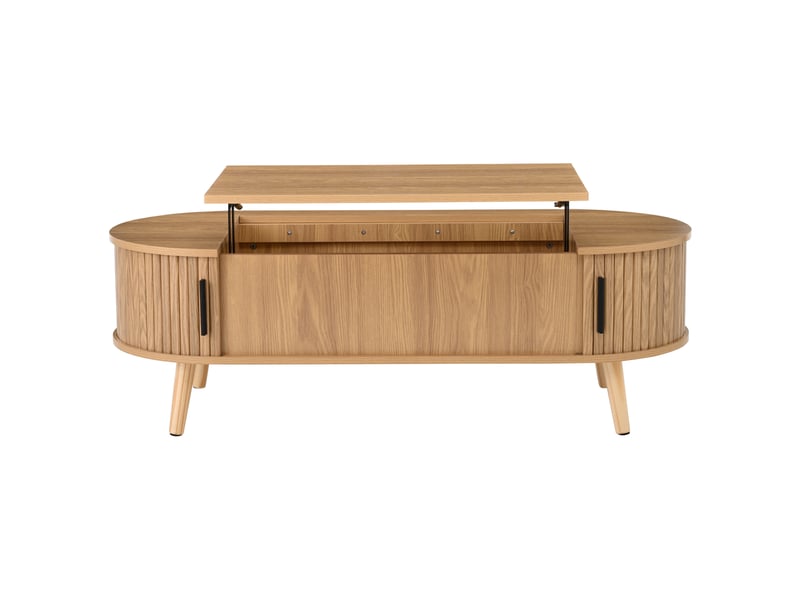  Table basse relevable 120 x 50 cm, coloris naturel en mdf et bois, rangement caché avec 5 espaces  - Conforama E