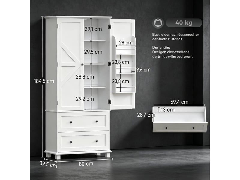  Buffet haut de cuisine blanc à 2 portes et 2 tiroirs, 80 x 39,5 x 184,5 cm  - Conforama E