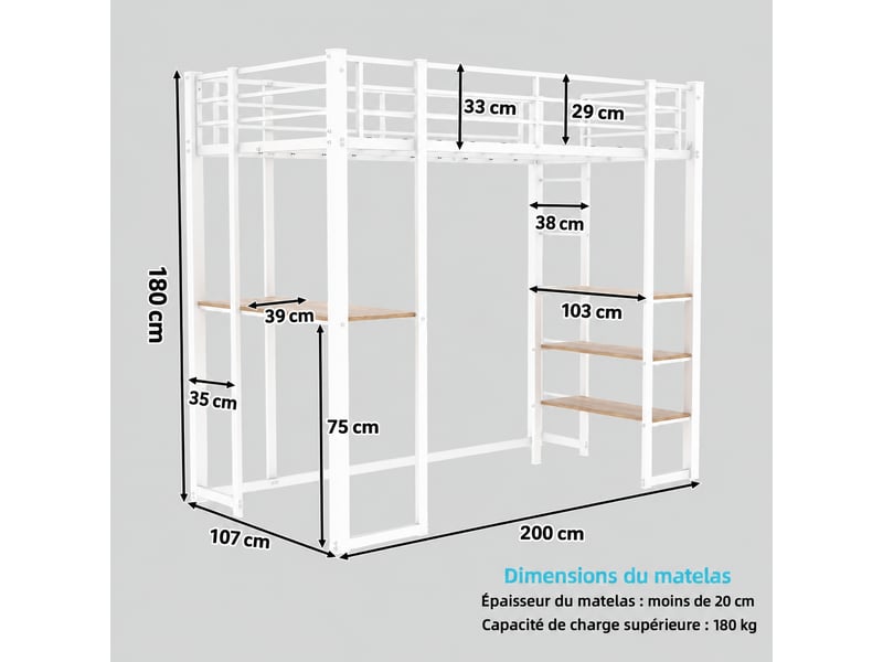 Lit mezzanine avec bureau 90x190 cm en fer blanc - étagères, deux échelles et garde-corps - Conforama C