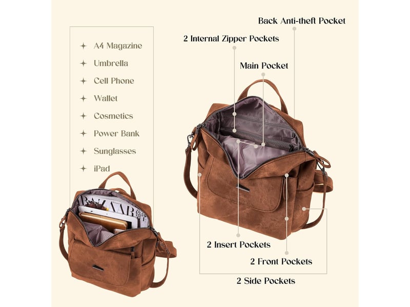  Sac à dos femme en cuir, petit format – imperméable, anti-vol, bandoulière pour ladies-marron  - Conforama C