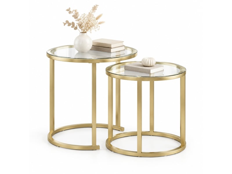  Tables basses gigognes ronde et ovale, lot de 2, avec pieds réglables, plateau en verre et cadre en acier, doré  - Conforama A