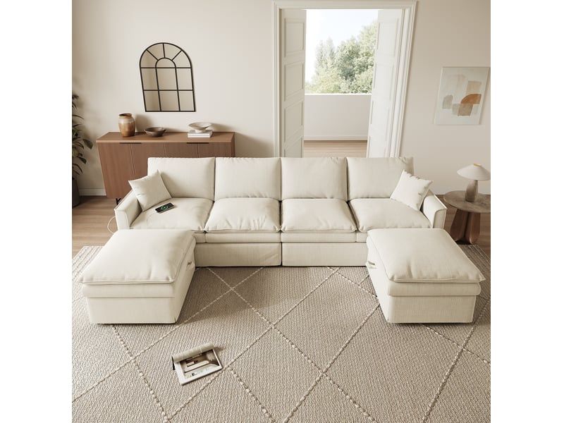  Canapé d’angle modulable 277x135x80 cm avec 2 poufs de rangement beige  - Conforama D