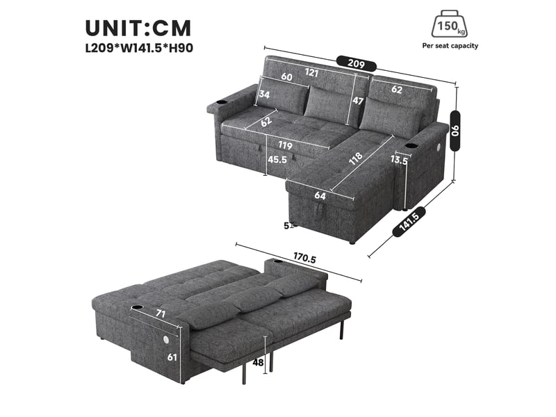 Canapé d'angle convertible l 209x141x90 cm - led ports usb dossier réglable porte-gobelet - gris BUYDEEMEUS - Conforama C