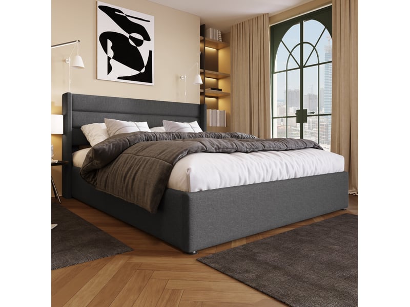  Lit coffre hydraulique 140x200 cm avec matelas, sommier à lattes en bois, lin gris  - Conforama E