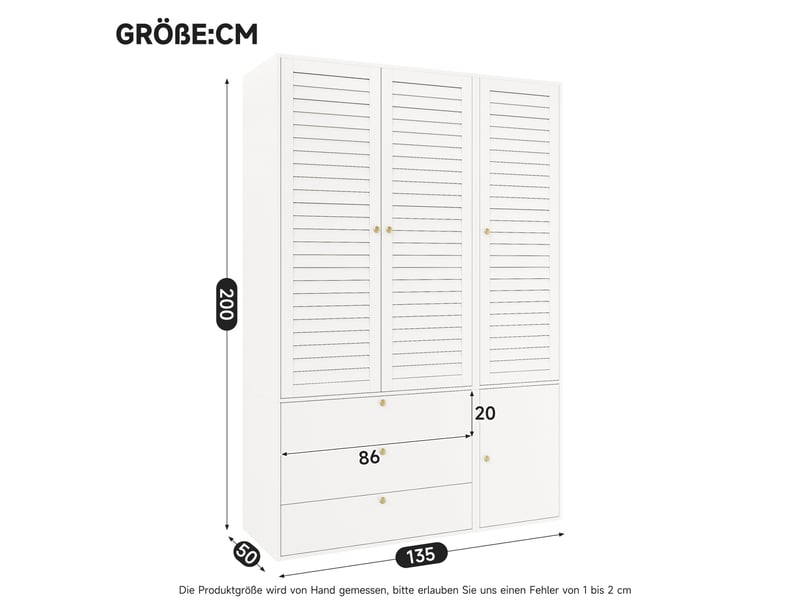  Armoire 3 portes à lamelles, 3 tiroirs, 2 tringles et porte-pantalons pour chambre, blanche, 135 × 50 × 200 cm  - Conforama C