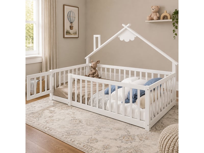  Lit enfant cabane 90x190 cm avec barrière verrouillable, blanc  - Conforama D