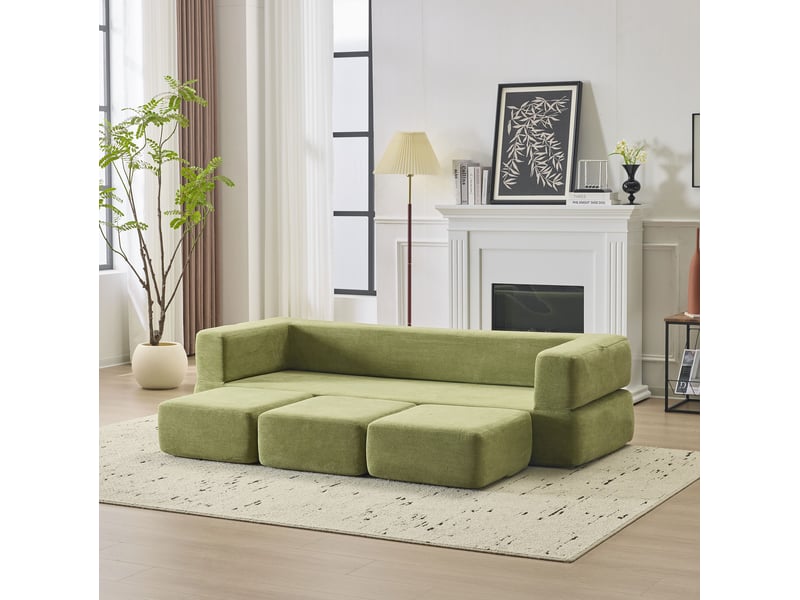  Canapé convertible 3 places modulaire avec 3 repose-pieds, fonction couchage et tapis de jeu en chenille vert  - Conforama B
