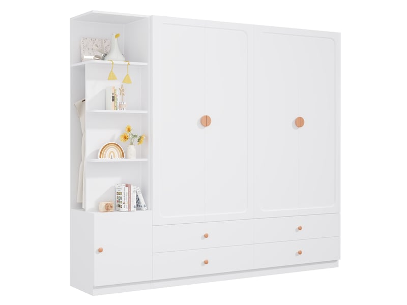 Grande armoire dressing 225x45x200 cm avec portes battantes, 3 tringles, 4 tiroirs et étagères, meuble de rangement chambre - blanc - Conforama A
