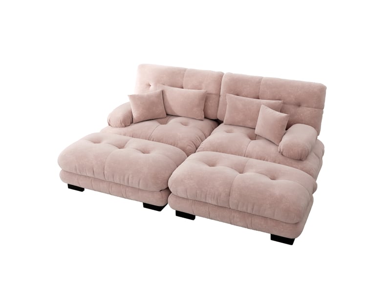 Canapé d'angle cloud en chenille beige clair, sofa salon avec 2 coussins lombaires, 2 coussins déco, 2 ottomans, larges accoudoirs - Conforama A