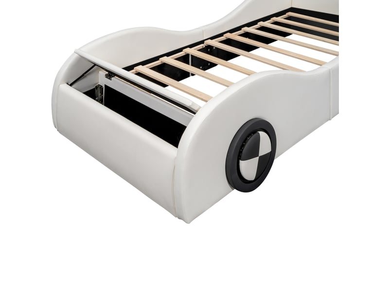  Lit enfant 90 × 200 cm en forme de voiture avec roues led réglables, rangement, sans matelas, en pu et mdf, blanc  - Conforama E