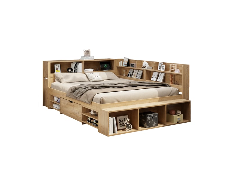  Lit enfant avec rangement, 140 x 200 cm, lit simple, lit enfant multifonctionnel avec table de chevet, tiroirs, étagères, armoire de rangement, chargeur sans fil, sans matelas, couleur naturelle  - Conforama A