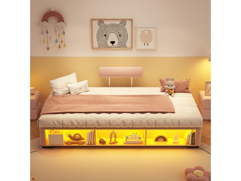  Lit adolescent avec rangement ouvert 90 x 200 cm, velours rose et led  - Conforama R