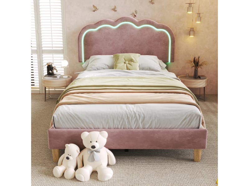  Lit enfant 90x190 cm, tête de lit réglable et led, en tissu, rose, sans matelas  - Conforama B
