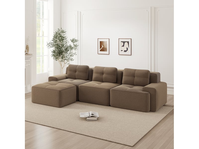  Canapé modulable d'angle 3 places avec ottomane en velours côtelé marron  - Conforama D